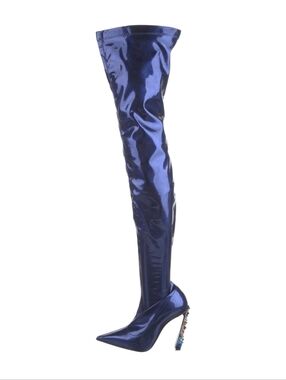 Christian Louboutin Metallic Blue Thigh High Rhinestone Embellished Boots Size 7